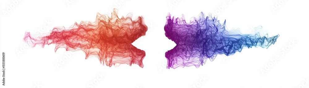 Poster abstract red and blue ink clouds intertwine and spread against a white background, creating a dynami