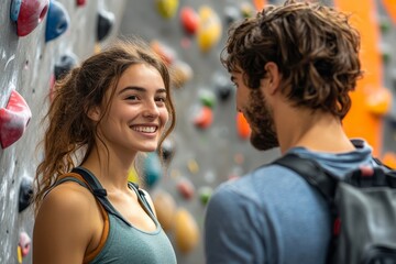 Man and woman at an indoor rock climbing gym, collaborating and supporting each other during a challenging climbing session, Generative AI