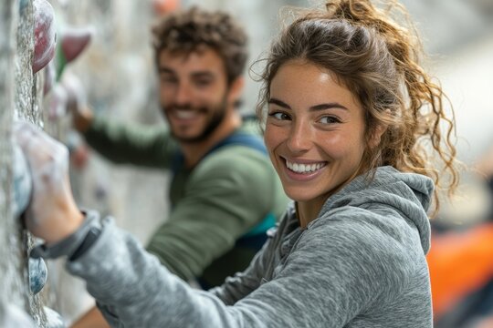 Man and woman at an indoor rock climbing gym, collaborating and supporting each other during a challenging climbing session, Generative AI - Powered by Adobe