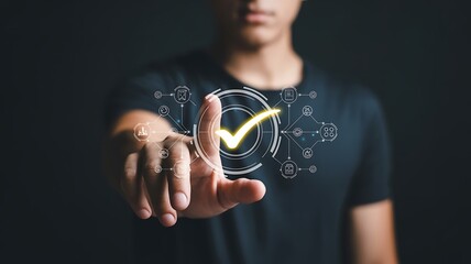 Person touching glowing checkmark with digital network