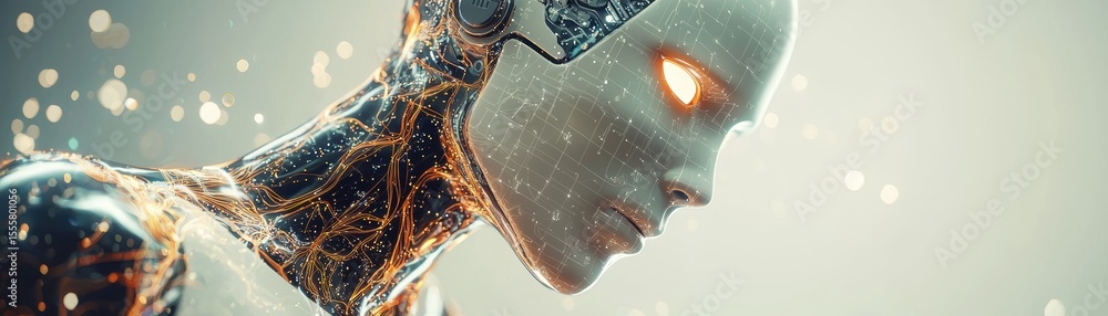 Poster a futuristic humanoid robot with glowing eyes and intricate circuitry in its translucent body, symbo