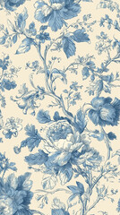 Vintage Toile de Jouy Seamless Pattern with Floral Motifs in Soft Blue and Cream Tones