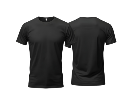 Black T-shirts front and back view, used as design template isolated on transparent background