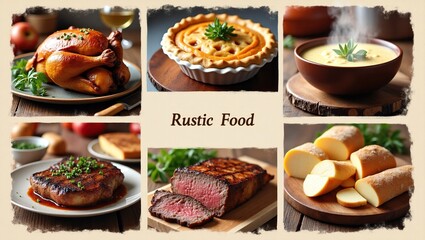 A rustic spread of culinary delights on a wooden surface.