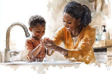 Son washing hands with mother in the sink, teaching hygiene habits and spending quality time together in a caring and nurturing environment, Generative AI