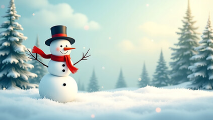 Fototapeta premium snowman in the snow, A jolly snowman wearing a hat and scarf, smiling with a background of pine trees and sunlight, rendered beautifully in 4K HD.