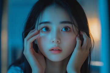 Bored, insomnia Asian young woman, looking in the mirror, touching under her eyes, struggling with dark circles and puffiness., Generative AI