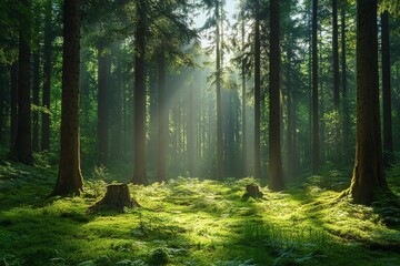 Sunlit Green Forest with Tall Trees and Mossy Ground in Natural Wilderness