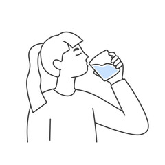 Woman drinking water from glass. Line art illustration of healthy hydration and lifestyle. Minimalist design for health and wellness concept. Vector