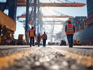 Wide shot of bustling seaport with multiple logistics workers walking along dock, overseeing operations, and operating forklifts
