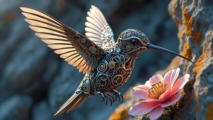 A steampunk hummingbird hovers near a pink flower