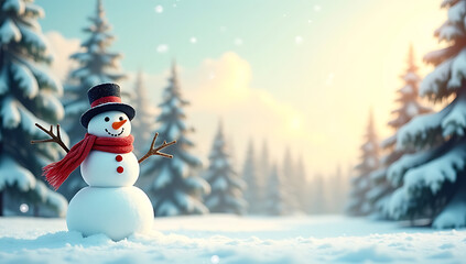 Obraz premium snowman in the woods, A cheerful snowman with a top hat and scarf, surrounded by snow-covered trees in a picturesque winter scene, depicted in vivid 4K HD.