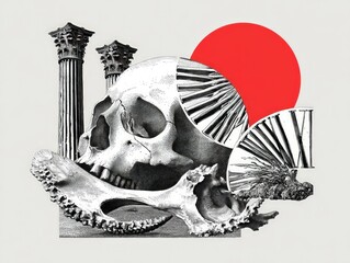Memento Mori: Skull, Columns, and Clock Collage