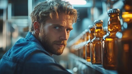 Brewery factory owner examining the quality of craft beer, ensuring consistency and quality while conducting product checks in the brewery, Generative AI