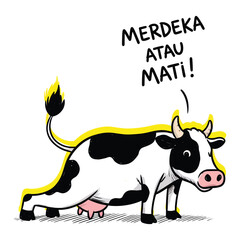 Cartoon Cow with Fiery Tail and Merdeka Atau Mati Text.