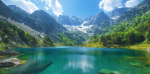 Serene Mountain Lake Scene with Snow-capped Peaks Bright Blue Sky and Green Forest