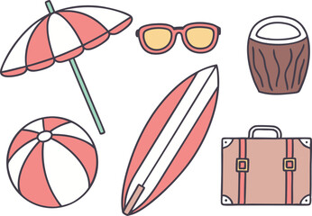 Summer Holiday Icon Set with Beach and Travel Elements. Colorful Summer Vector Icons for Travel and Vacation. Flat Style Vacation Symbols with Tropical Objects. Summer Season Vector Elements Pack