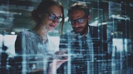 Corporate professionals working together on a digital workflow chart in a high-end office.