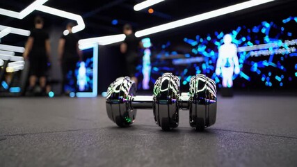 High tech fitness space featuring chrome dumbbell lying on floor, reflecting azure luminescence with digital human figures glowing across display panels - Powered by Adobe