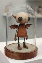Whimsical Wooden Figurine Under Glass Dome