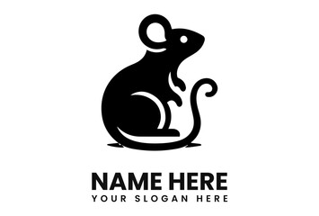 Stylized black mouse logo design, sitting, curled tail, simple graphic.