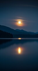 Fototapeta premium Full Moon Over Mountain Lake Landscape