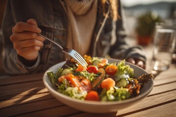 Woman Enjoying a Fresh Summer Salad Outdoors