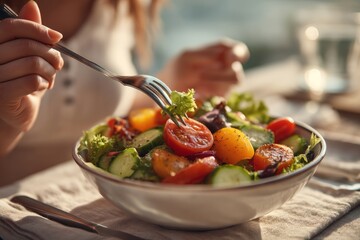 Woman Enjoying a Fresh Vegetable Salad