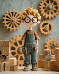 Young Craftsman with Wooden Gears and Blocks