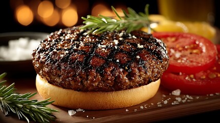 the image showcases a food preparation on a wooden board. a grilled patty sits atop a portion of a bun. nearby are sliced tomatoes, along with some rosemary sprigs