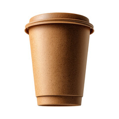 Brown paper coffee cup with lid isolated on a transparent background. Disposable takeaway cup made of kraft paper, front view. Used for hot drinks like coffee, tea, or cocoa.