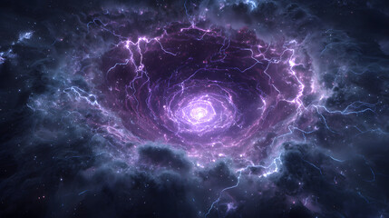 A cosmic wormhole with a pulsating amethyst core surrounded by swirling vortexes of energy and cracks in space emitting violet light in a surreal galaxy