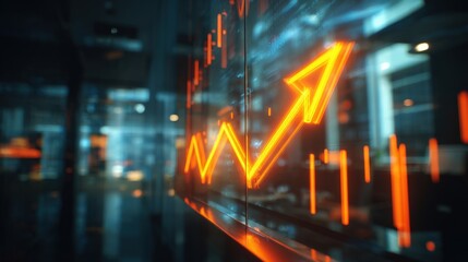 Dynamic financial data presentation with bright neon arrow on a glass screen in office.