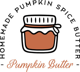 Pumpkin spice butter logo homemade jar packaging fall season flavor aesthetic badge sticker label tag. Retro vintage cozy cottagecore food cute organic natural spread illustration text design clipart.