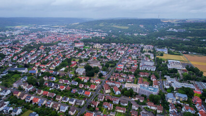 A panorama aerial view around the downtown in the city Langenzenn Germany on a sunny spring morning	