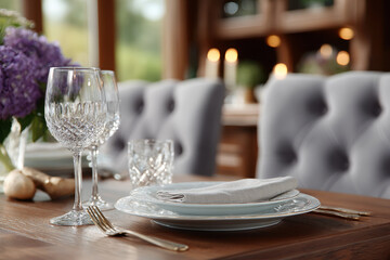 Elegant table setting exhibiting exquisite crystal glassware  wooden table