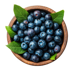 Fresh blueberries with green leaves in a wooden bowl isolated on a transparent background. Top view of whole ripe berries used for food, desserts, breakfast, smoothies, and healthy eating.