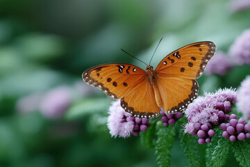 Naklejka premium Orange butterfly with black spots feeding on purple flower