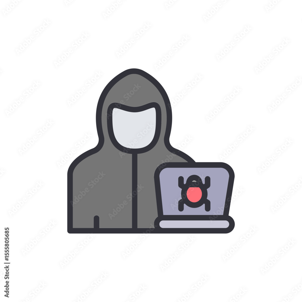 Poster hooded hacker exploiting vulnerability with malware on laptop screen