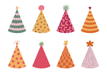 Lovely birthday party hat set with childish simple design pattern, funny pompons above. Hand drawn cartoon paper cap for festive costume. New Year head wear collection isolated on white background.