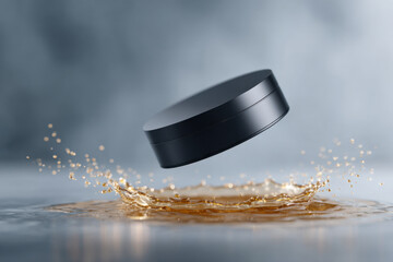 Black cosmetic jar floating over golden liquid splashing