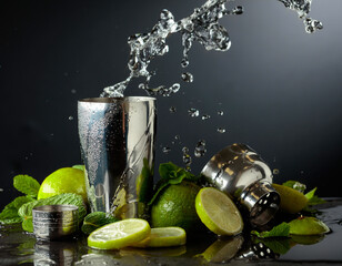 Shaker, limes, and fresh mint branches with water splashes in motion.