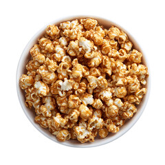 Caramel popcorn on white bowl top view on transparent background