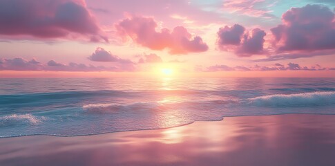 Fototapeta premium Sunset Over Calm Ocean with Pink Clouds and Gentle Waves at Beach