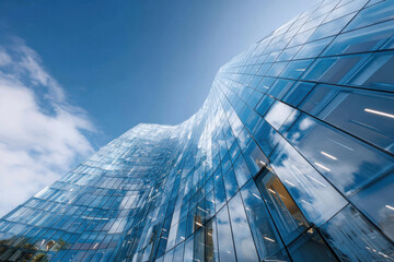 Modern glass skyscraper reflecting blue sky and clouds on a sunny day