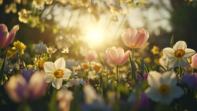 Colorful flowers in a garden bathed in sunlight