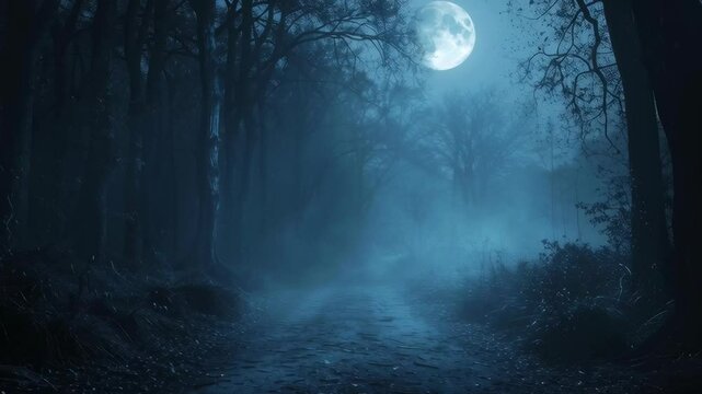dark forest night with full moon mist mysterious atmosphere