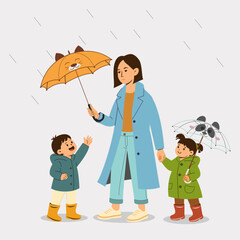 Mother and children holding cute umbrellas &mdash; rainy day concept. Vector flat illustration