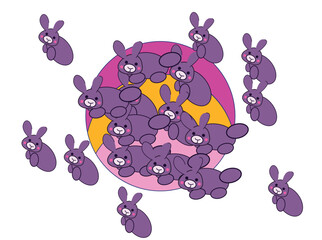 Colorful illustration of abstract purple creatures overlapping on circular background. Fun surreal artwork for creative and fantasy themes.