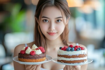 Dieting concept: Young Asian woman pushing away a sweet cake, opting for vegetables and a salad for health and weight loss., Generative AI
